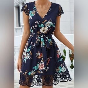 Shein Floral Print Guipure Lace Belted Dress Sz L